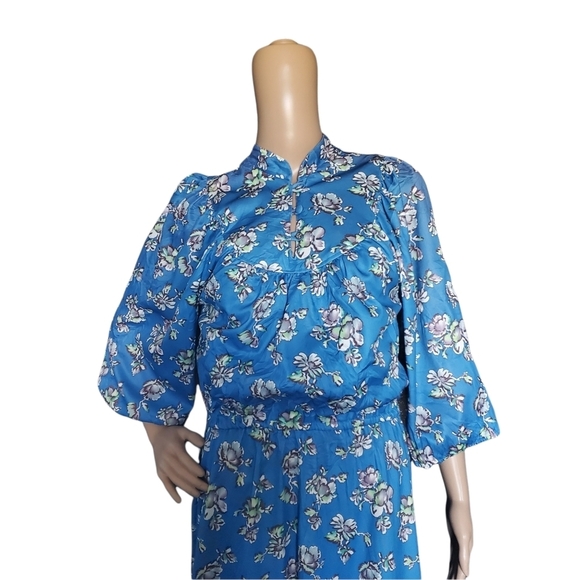 Vintage 70s Sears Bluson Wide Sleeve Blue Cherry Blossom Floral Day Dress 12 - Picture 3 of 12